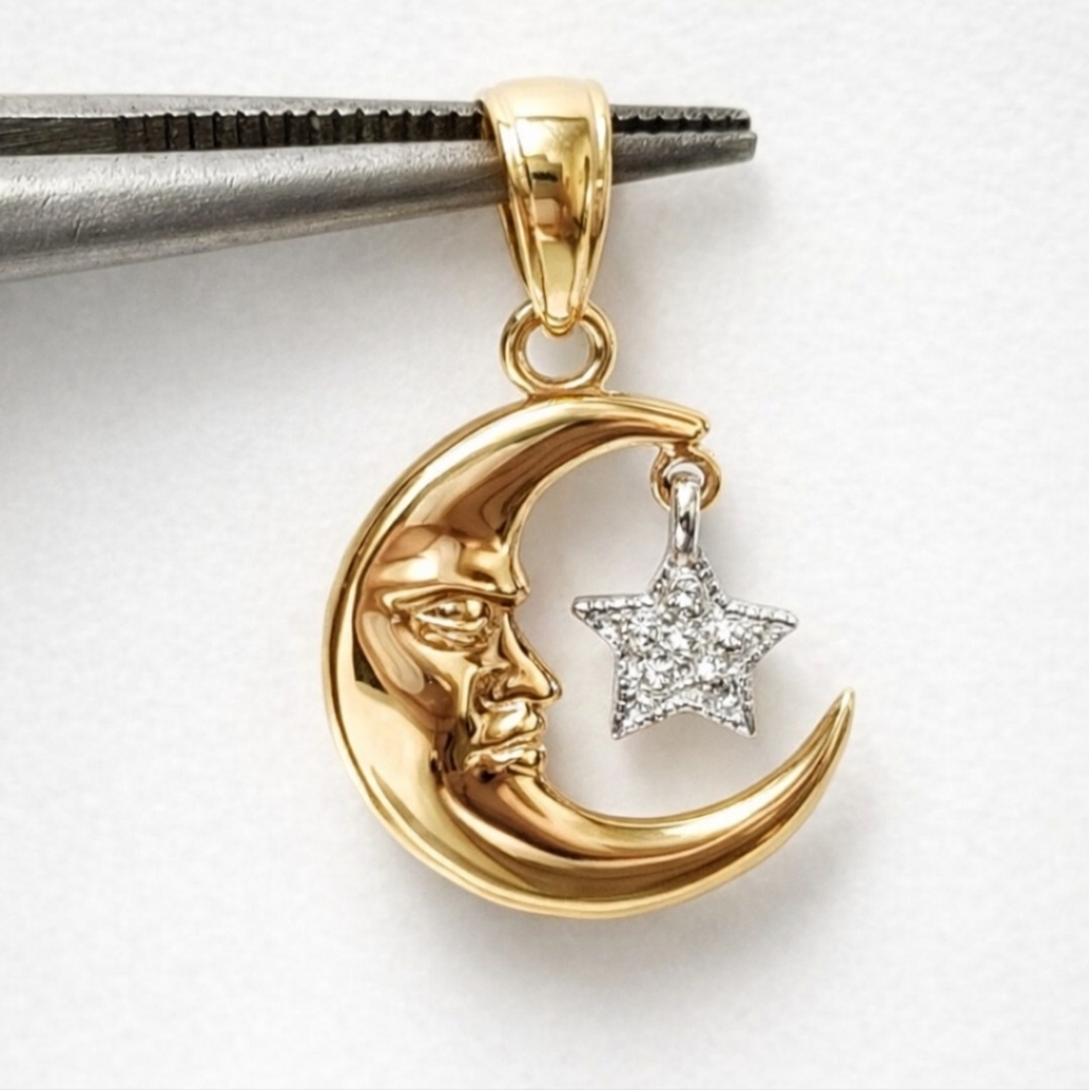 SOLID 14KT YELLOW/WHITE Cresent Moon with Star Pendant/Charm